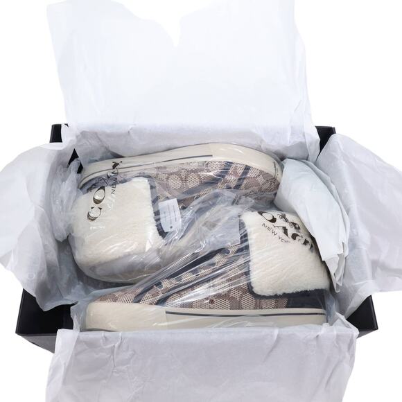 Coach Womens Sig Jacquard Fold Over Sherpa High Tops-Womens 9-Cocoa/Black-NWT - Picture 13 of 13